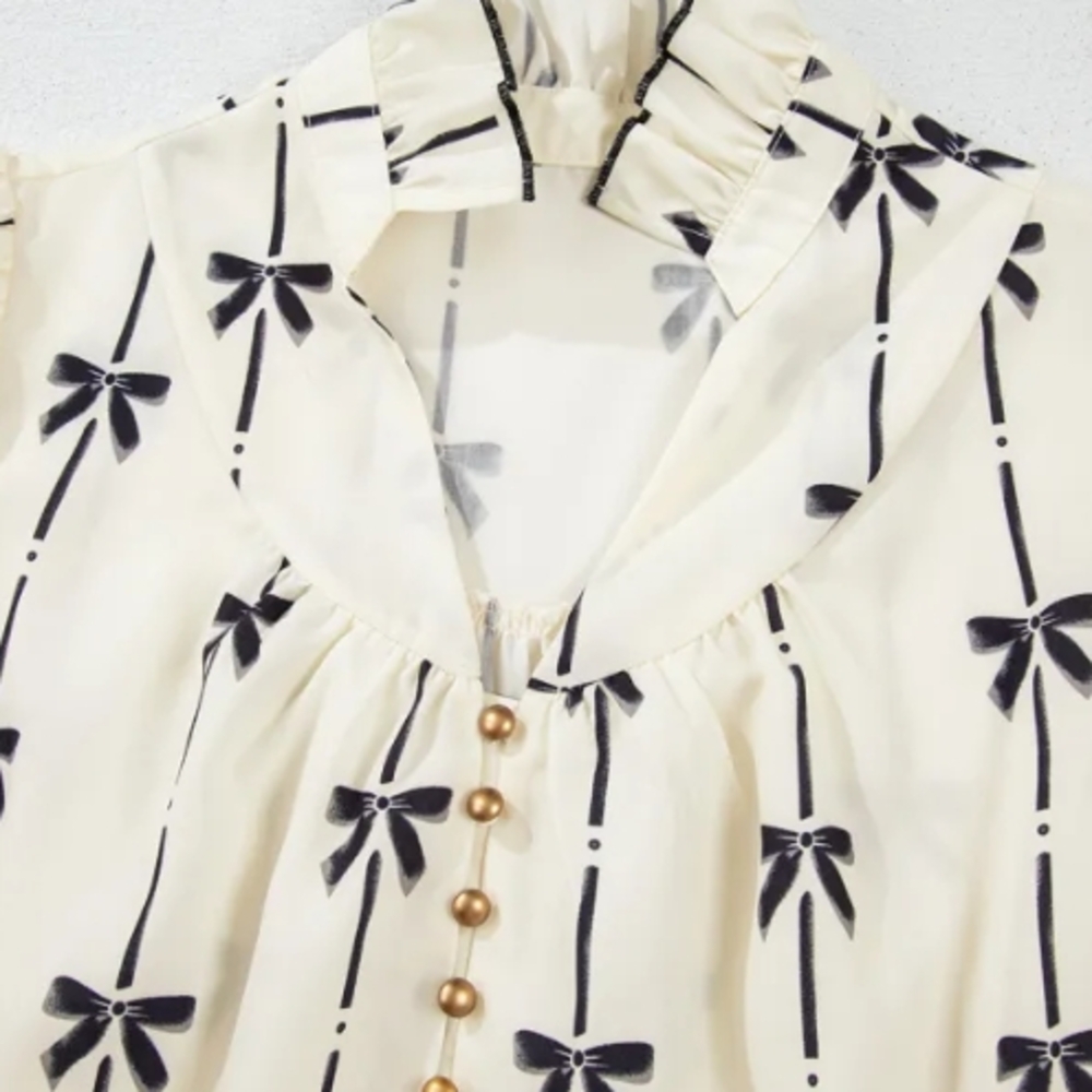 Elegant Cream and Black Bowknot Print With Bubble Sleeve And V Neck  Mini Dress